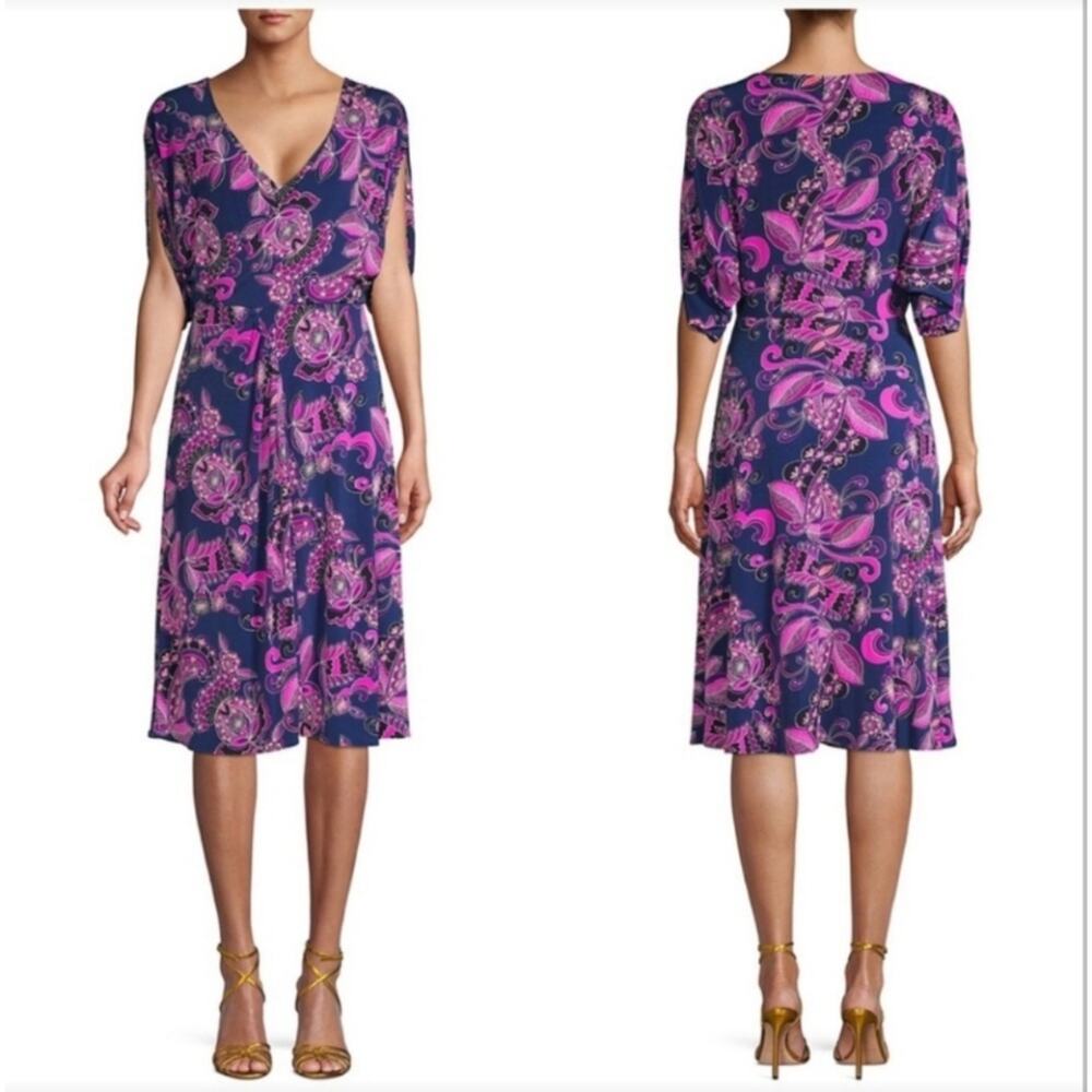 Trina Turk Blue & Pink Paisley Split Sleeve Faux Wrap Midi Dress Size 8